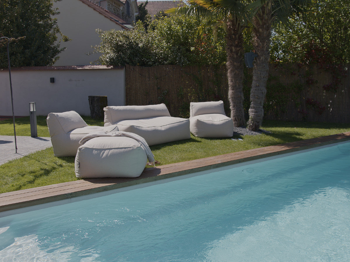 Canapé de jardin modulable RIVIERA avec 1 chauffeuse 1 place, 1 chauffeuse 2 places, 1 méridienne et 1 pouf