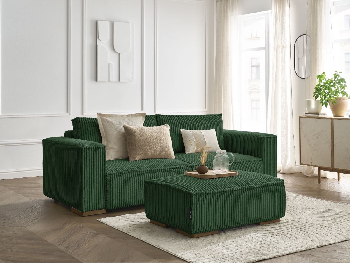 Canapé droit convertible coffre CHELSEA gros côtelé doux avec pouf