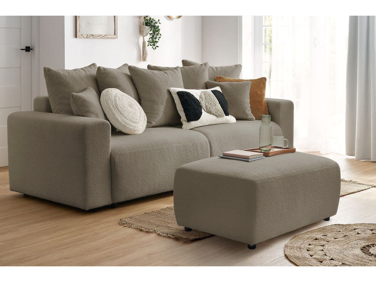 Canapé droit convertible coffre ENVY tissu bouclette doux avec pouf rectangulaire