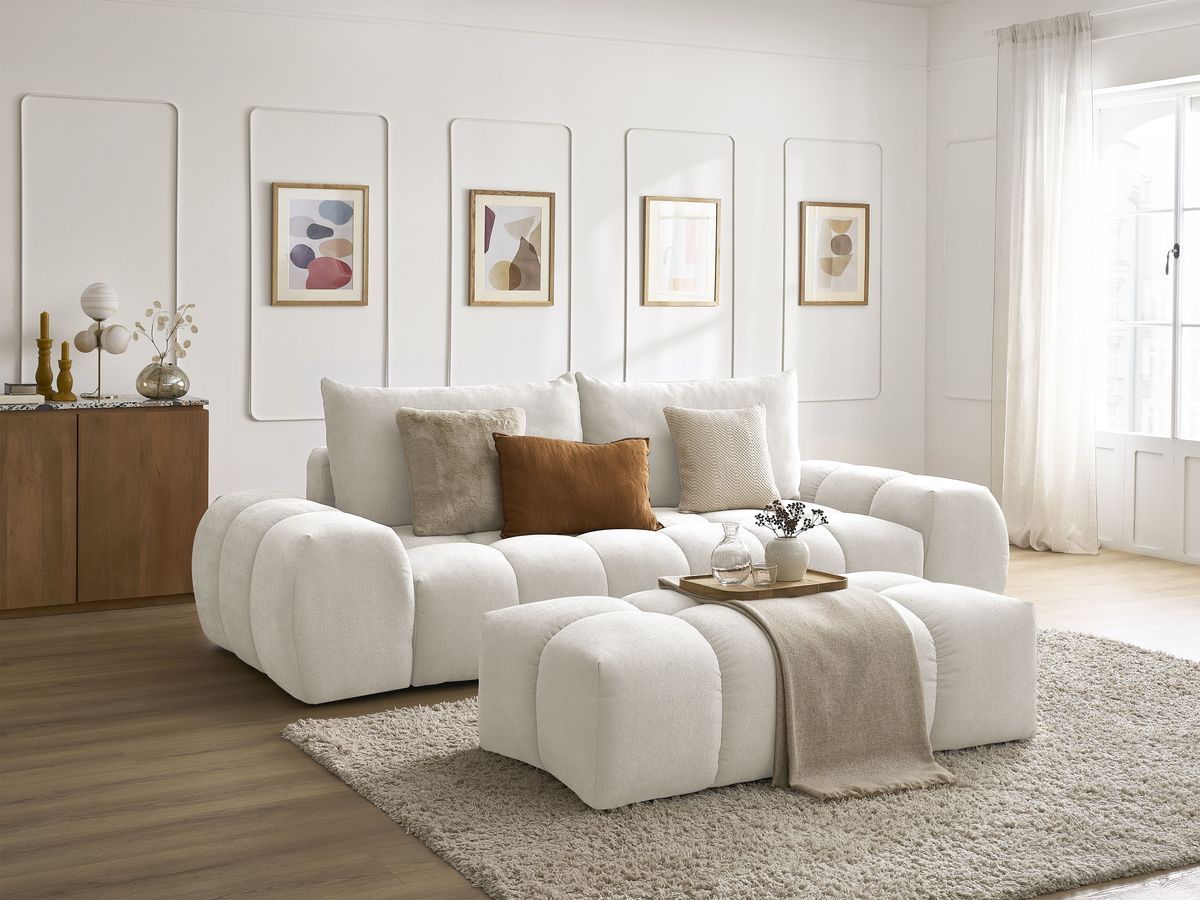 Canapé droit convertible coffre EVEREST tissu texturé avec pouf