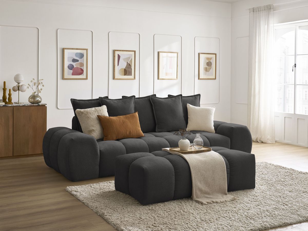 Canapé droit convertible coffre EVEREST tissu texturé avec pouf