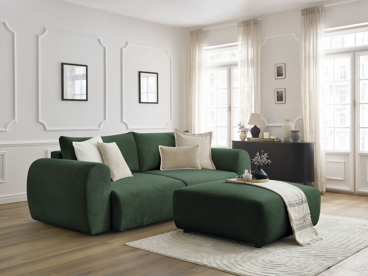 Canapé droit convertible coffre LUCIEN tissu lisse avec pouf