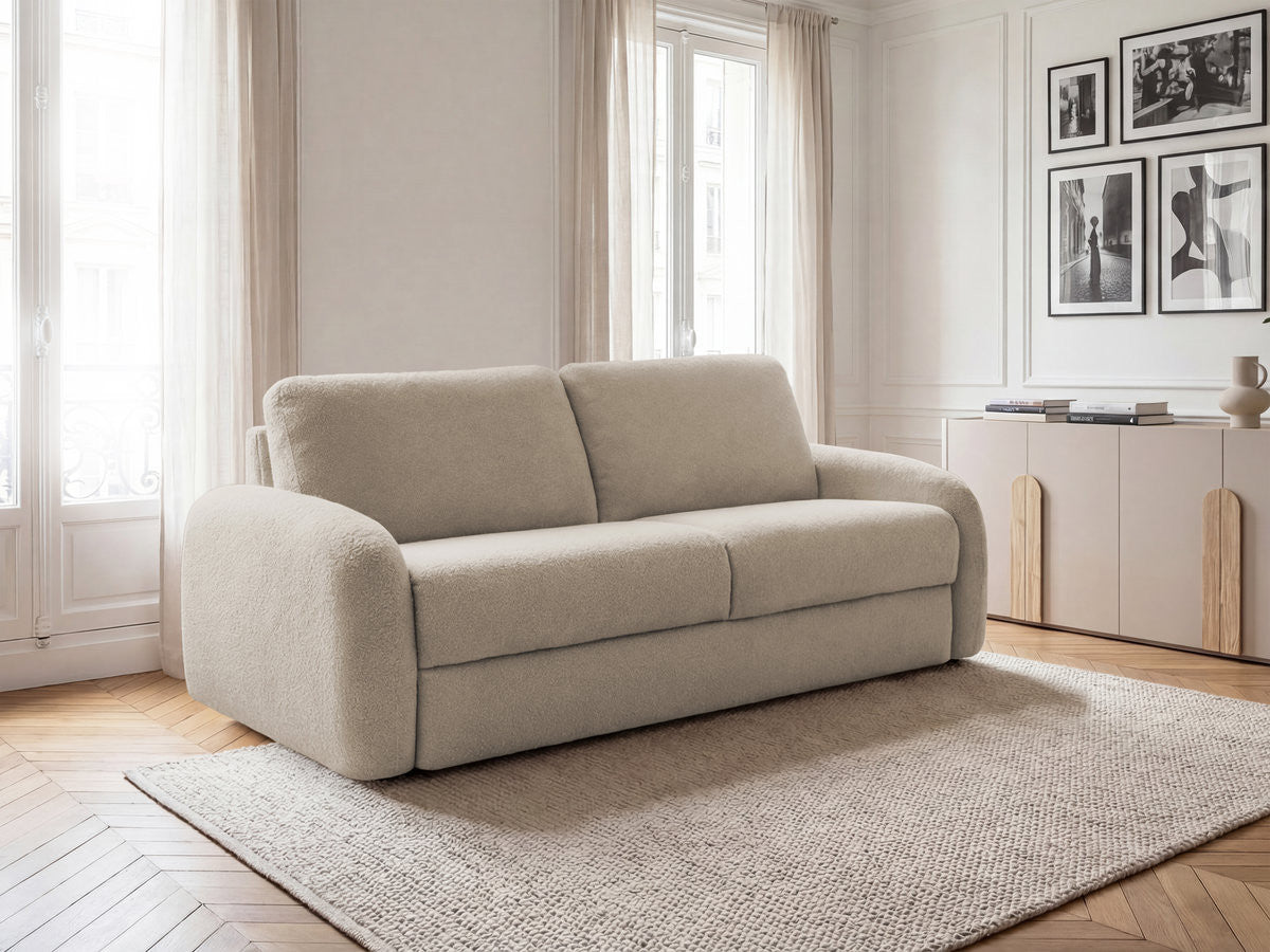 Canapé droit convertible KENAN ouverture express tissu bouclette