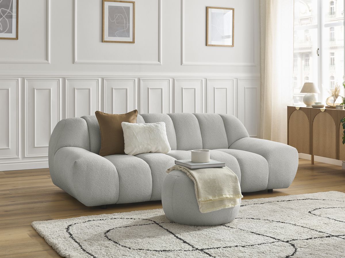 HAYDEN vaste 2-zits rechte bank in badstof met kleine poef