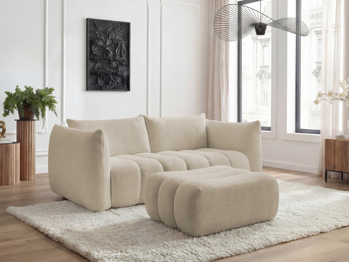 Canapé droit fixe 3 places AZRA tissu bouclette avec pouf