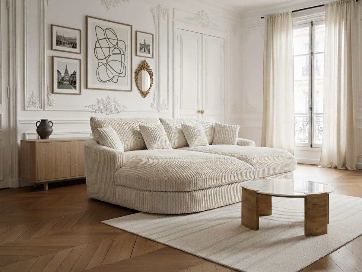 Canapé droit fixe 3 places BELEM assise profonde gros côtelé doux