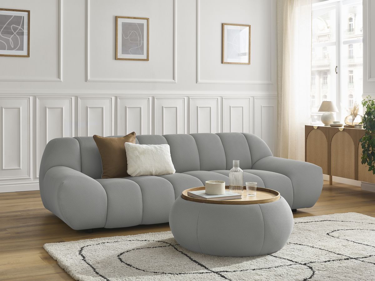 Canapé droit fixe 3 places HAYDEN tissu mesh avec pouf grand avec plateau