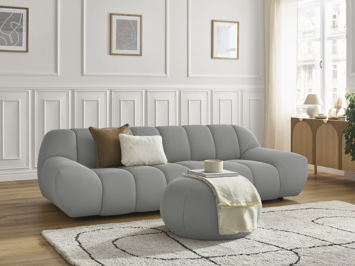Canapé droit fixe 3 places HAYDEN tissu mesh avec pouf grand