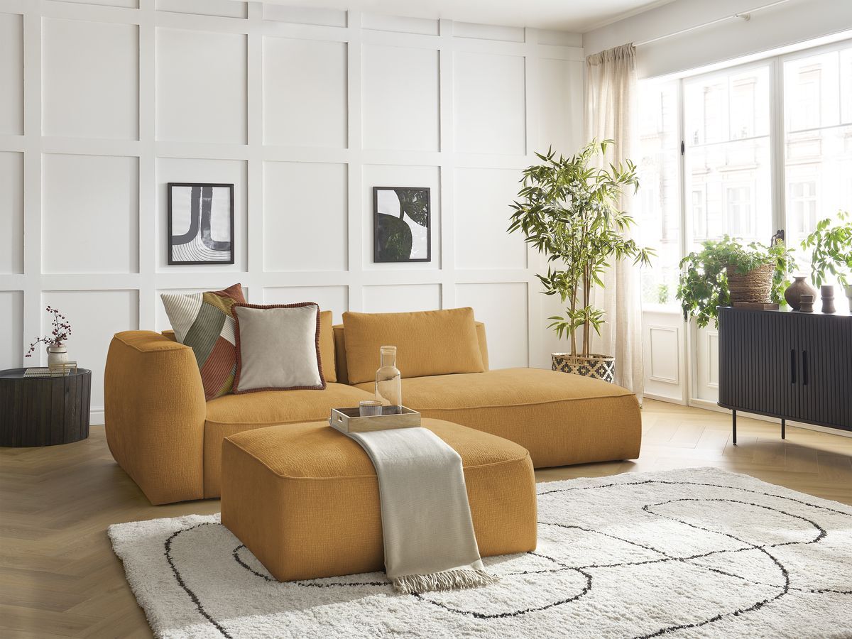 Canapé droit fixe 3 places LEOPOLD tissu texturé avec pouf