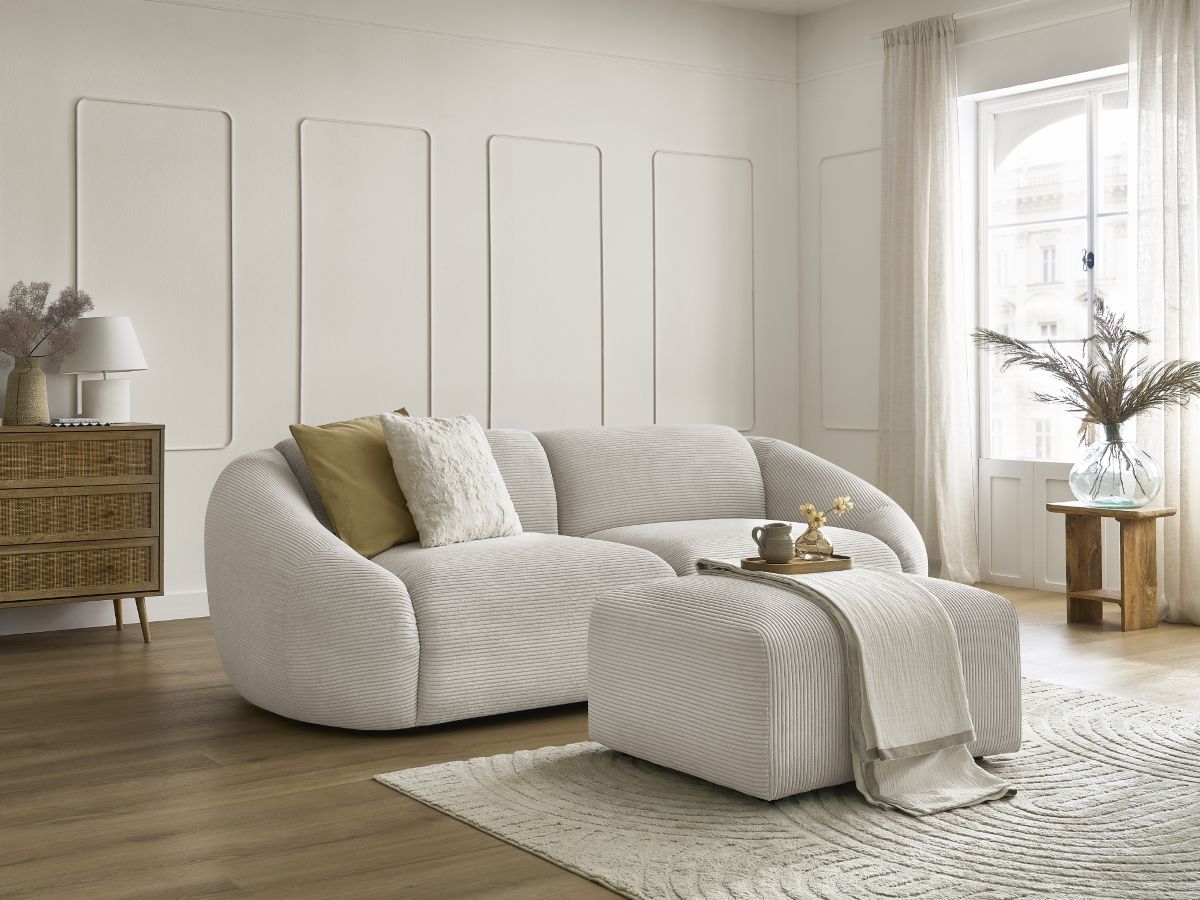 Canapé droit fixe 3 places TINA velours côtelé avec pouf