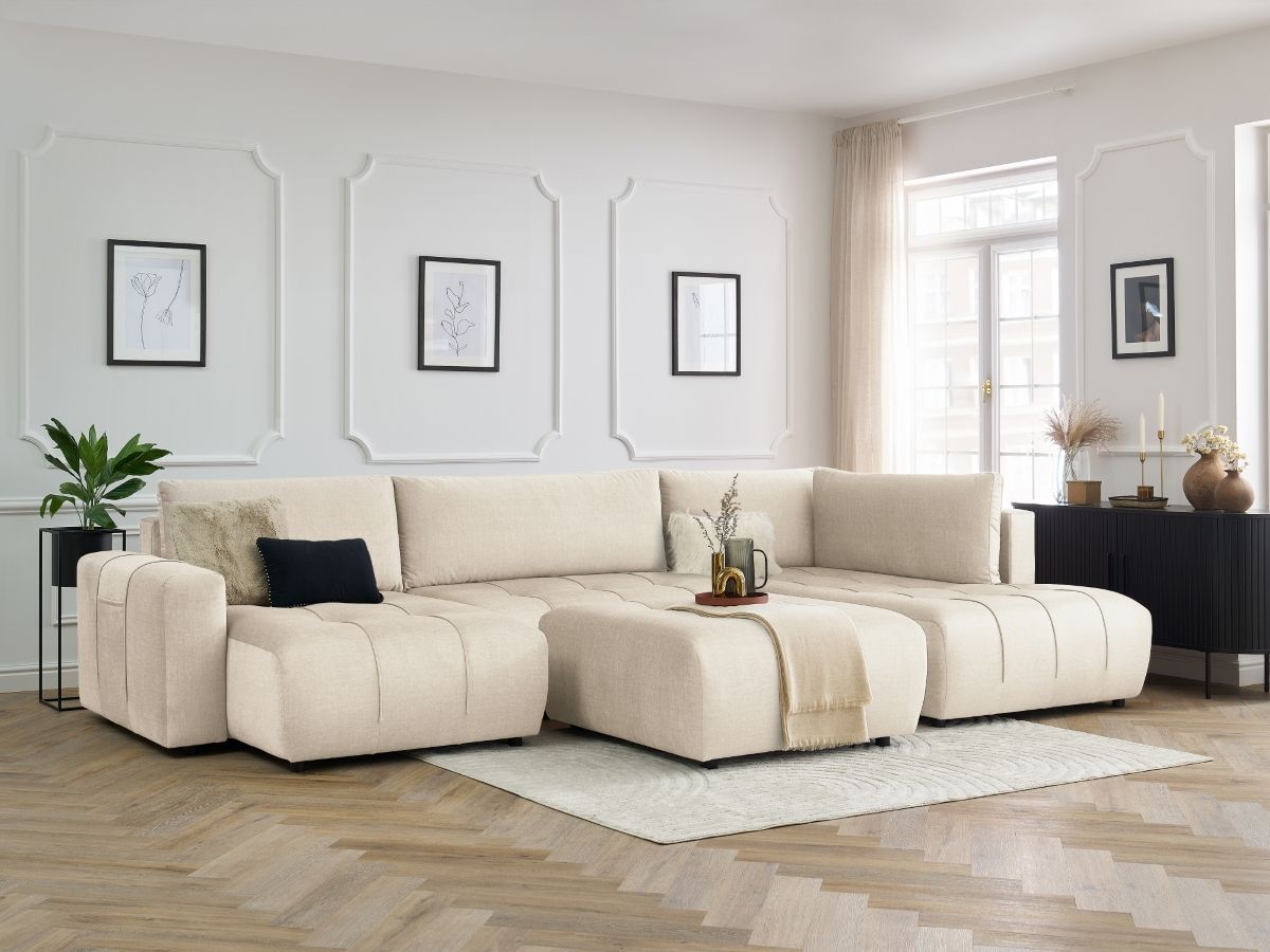 Canapé panoramique convertible coffre ARSENE tissu velours avec pouf