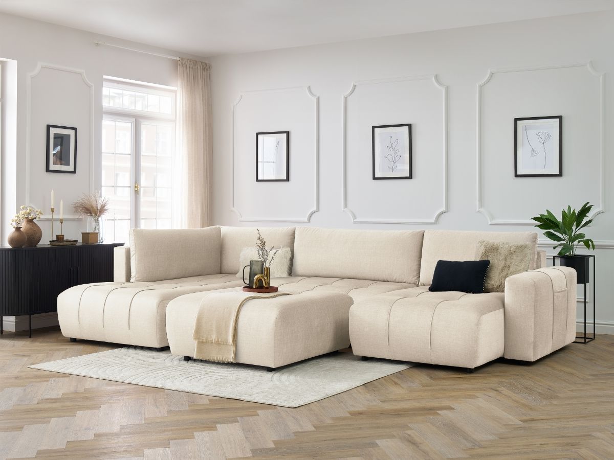 Canapé panoramique convertible coffre ARSENE tissu velours avec pouf