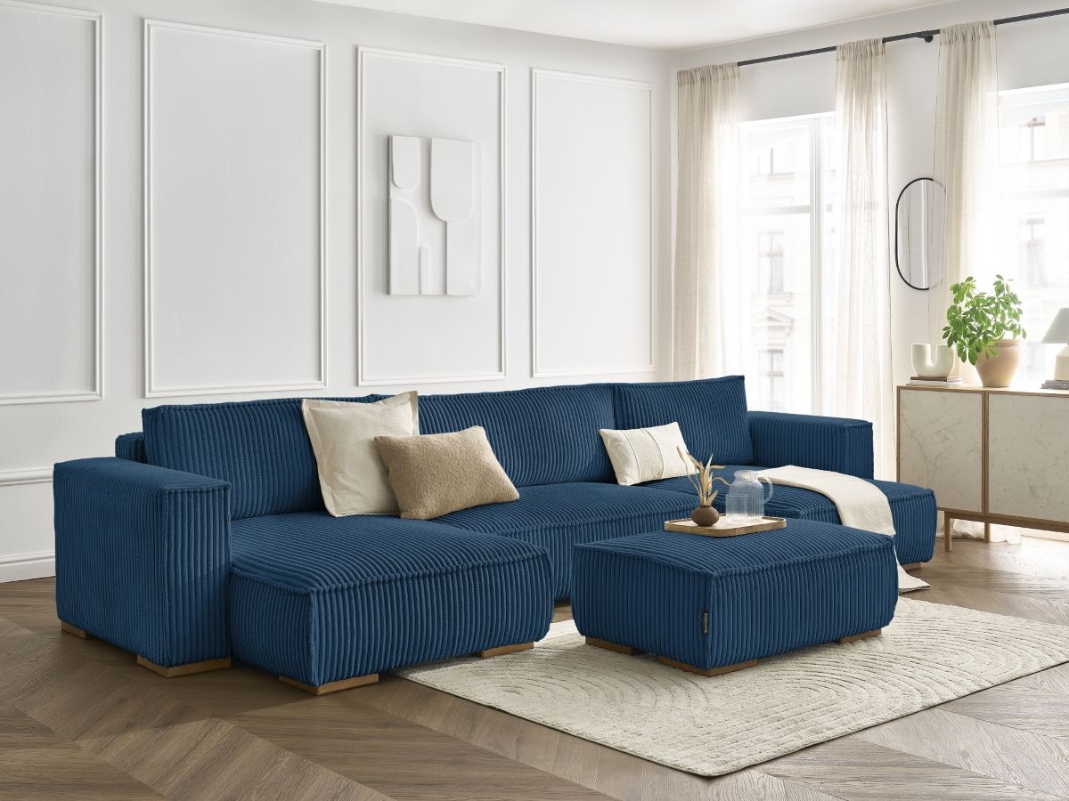 Canapé panoramique convertible coffre CHELSEA gros côtelé doux avec pouf