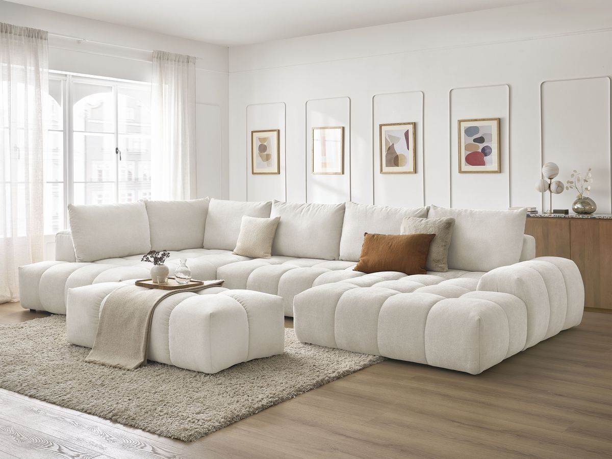 Canapé panoramique convertible coffre EVEREST tissu texturé avec pouf