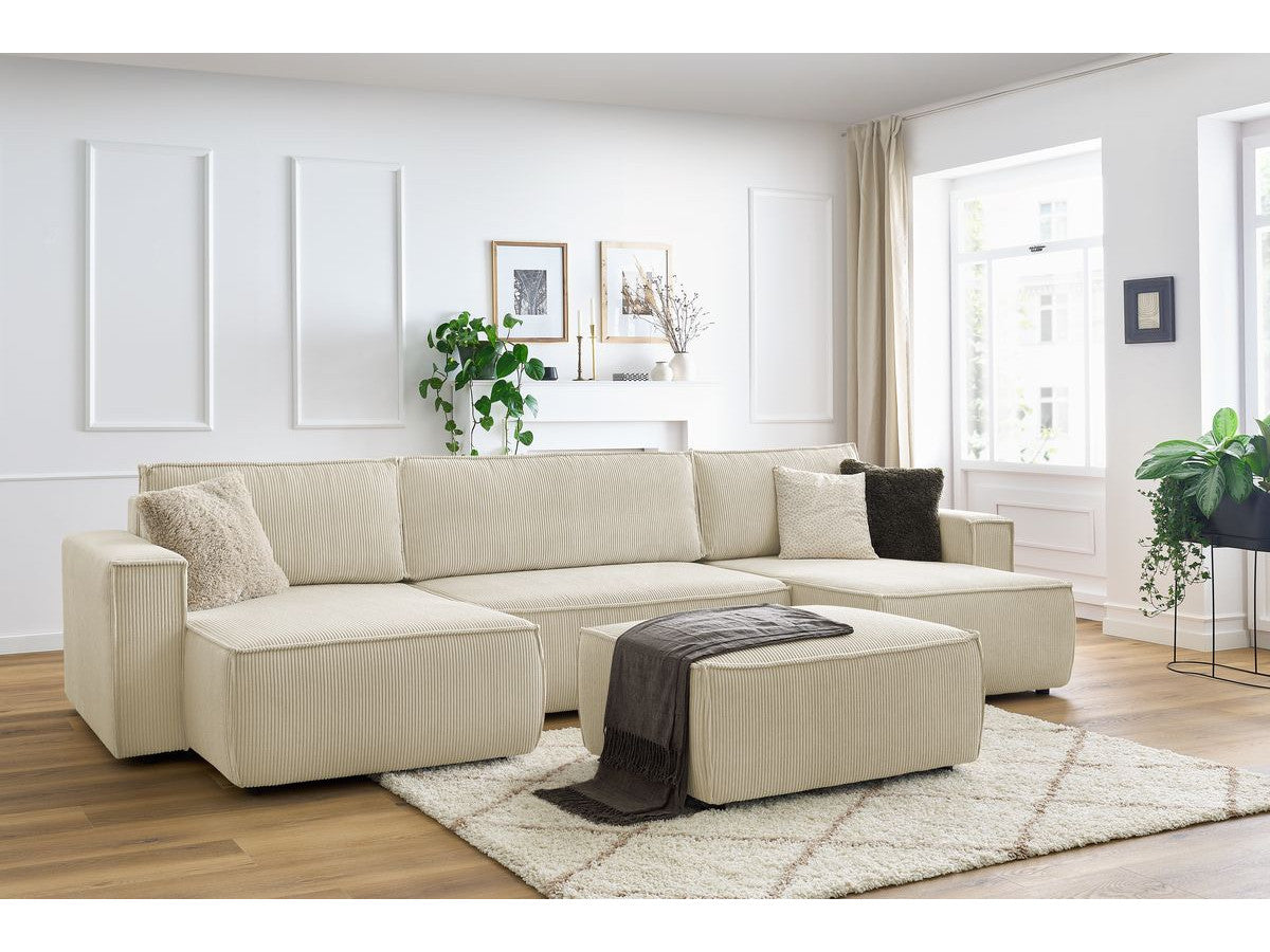 Canapé panoramique convertible coffre NIHAD velours côtelé avec pouf