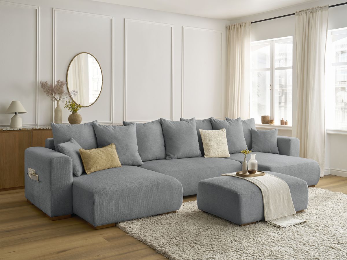 Canapé panoramique convertible coffre SIDONIE tissu chiné avec pouf