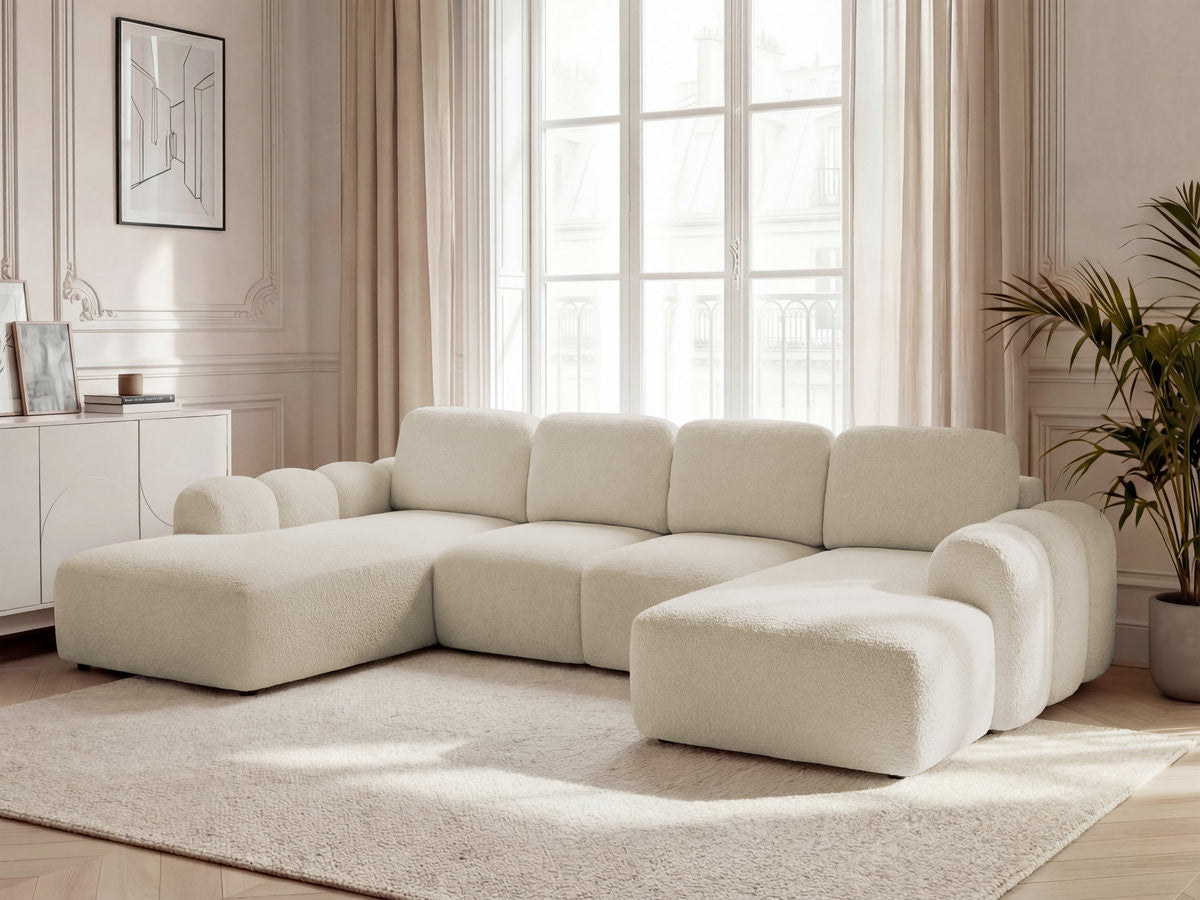 MONTAIGNE panoramische slaapbank met opbergruimte in boucléstof