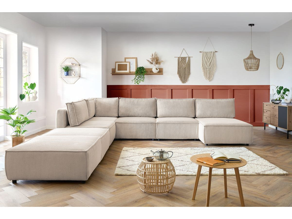 NIHAD vaste panoramische bank 100% modulaire corduroy stof 3 fauteuils, 1 hoek, 1 chaise longue en 2 poefs