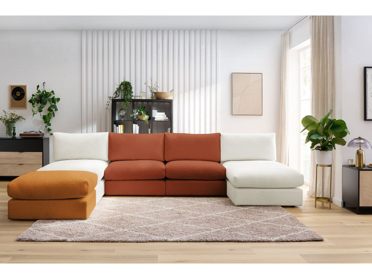 Canapé panoramique fixe 100% modulable PARIS tissu bouclette avec 2 chauffeuses, 2 méridiennes, 1 pouf
