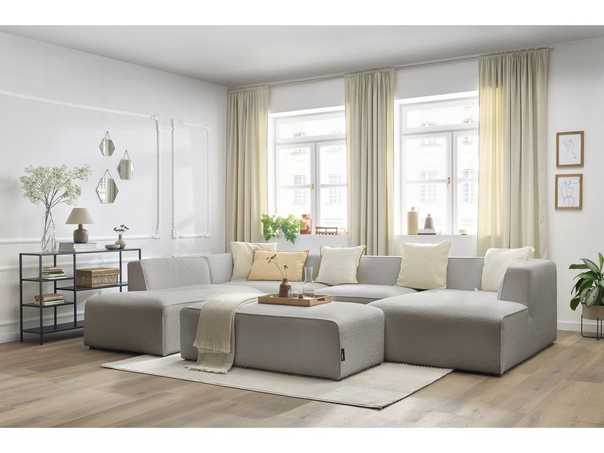 Canapé panoramique fixe MEGEVE avec pouf tissu bouclette