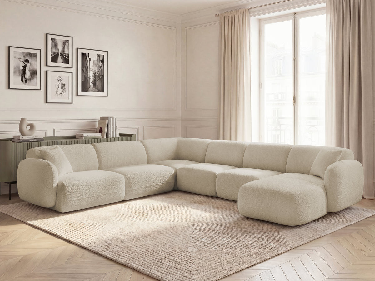 Canapé panoramique fixe modulable ANDA avec 1 mrdn, 3 chfs 1 place sans accoudoir, 1 chf 1 place avec accoudoir, 1 petit angle