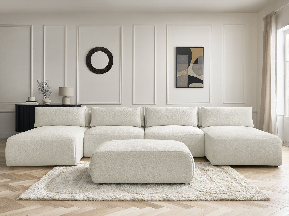 Modulaire vaste panoramabank met hoofdsteunen JANA gemêleerde stof met 2 chaise longues, 2 fauteuils en 1 grote poef