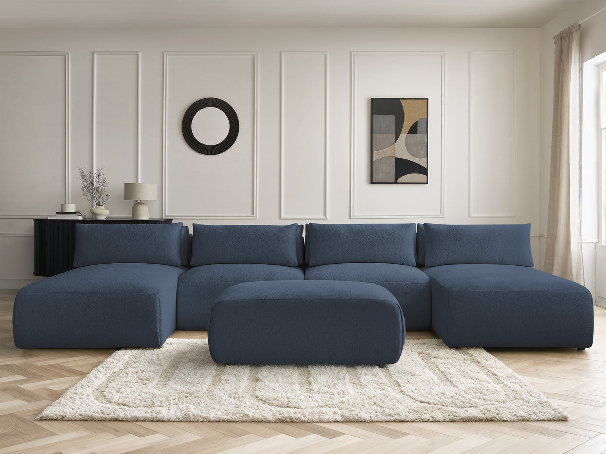 Modulaire vaste panoramabank met hoofdsteunen JANA gemêleerde stof met 2 chaise longues, 2 fauteuils en 1 kleine poef