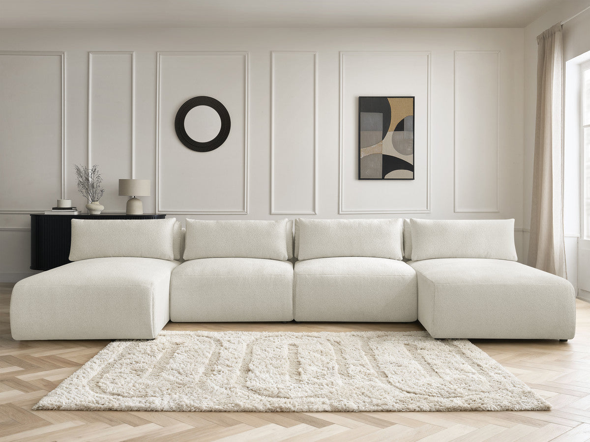 Canapé panoramique fixe modulable avec têtières JANA tissu chiné avec 2 méridiennes et 2 chauffeuses