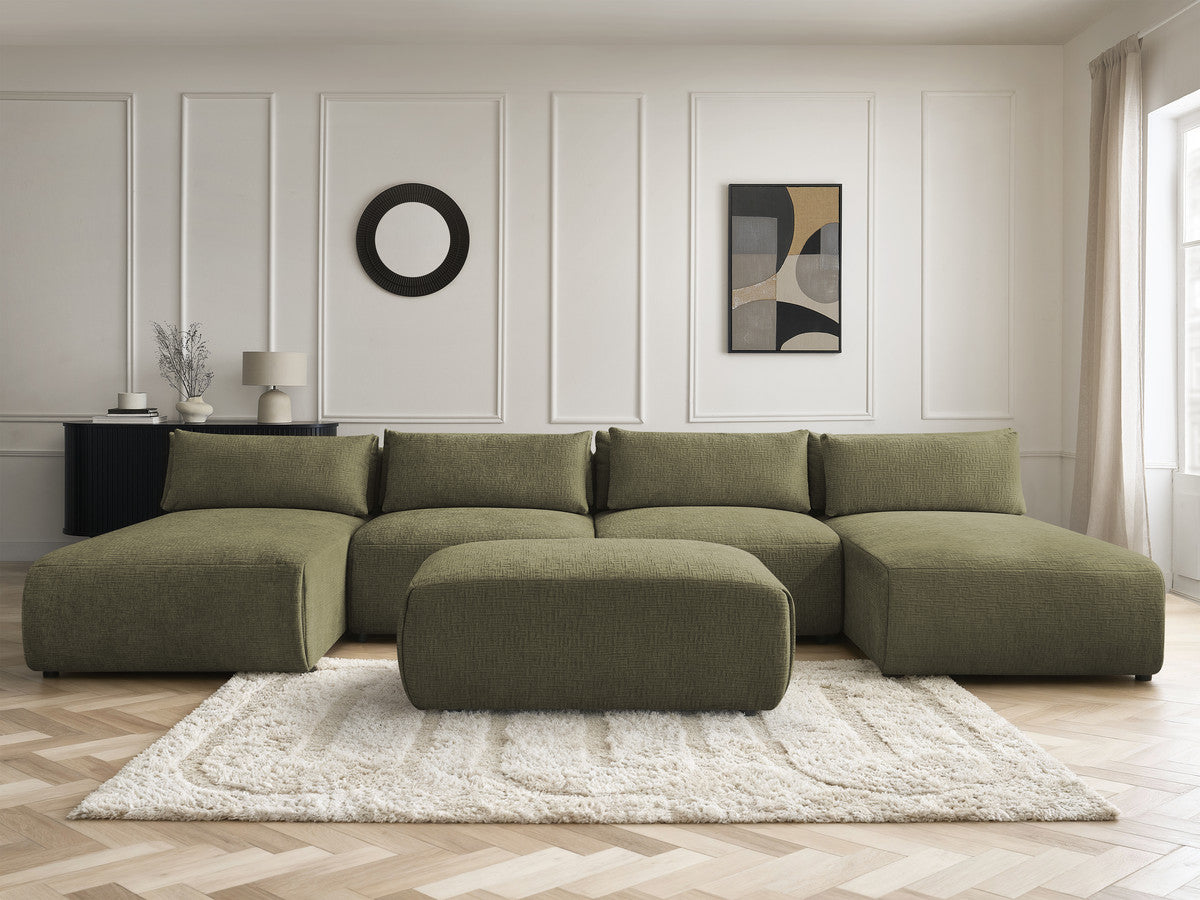 Canapé panoramique fixe modulable avec têtières JANA tissu texturé avec 2 méridiennes, 2 chauffeuses et 1 petit pouf