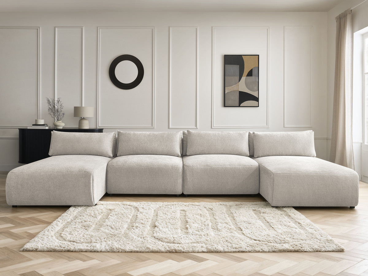 Modulaire vaste panoramabank met hoofdsteunen in JANA-stof met 2 chaise longues en 2 fauteuils