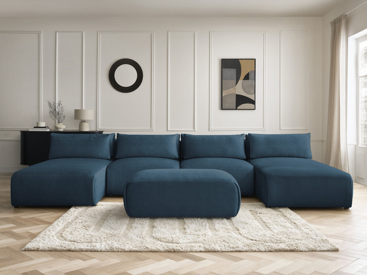 Canapé panoramique fixe modulable avec têtières JANA tissu velours avec 2 méridiennes, 2 chauffeuses et 1 petit pouf