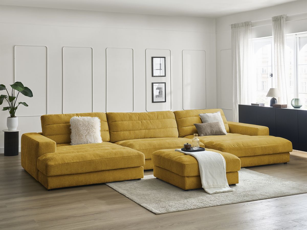 Canapé panoramique fixe SIERRA tissu texturé avec pouf