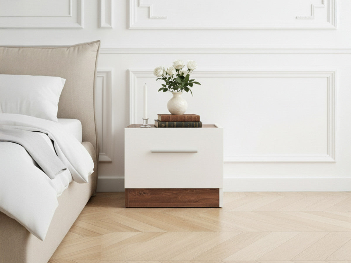 ZENITA nachtkastje met 1 lade in wit en eiken effect