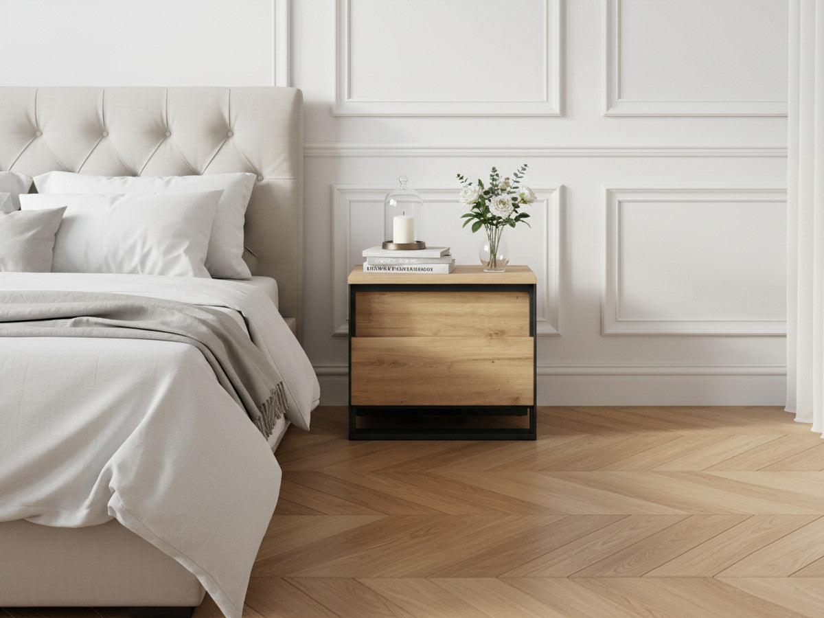 Table de chevet 2 tiroirs KYRIA avec LED imitation Chêne