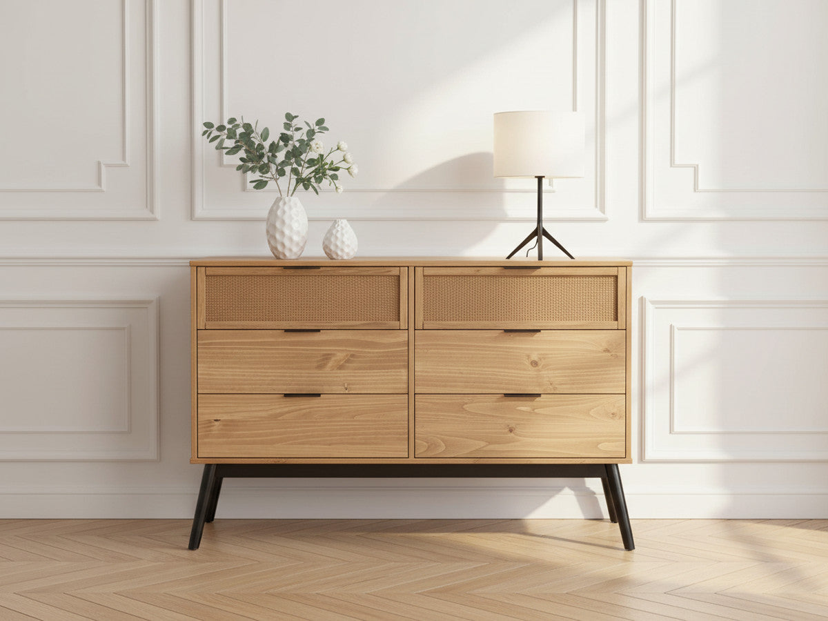 Commode 6 tiroirs 120cm ALBI bois massif et rotin