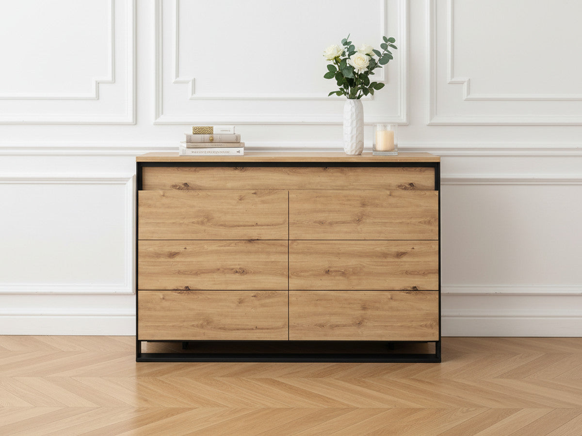 Commode 6 tiroirs KYRIA avec LED imitation Chêne