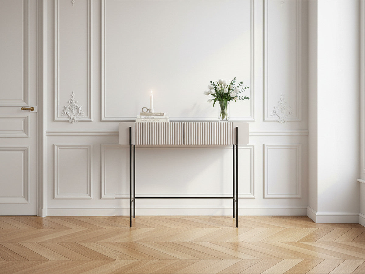 Console 2 tiroirs 100 cm MATHILDE plateau effet marbre et pieds noir