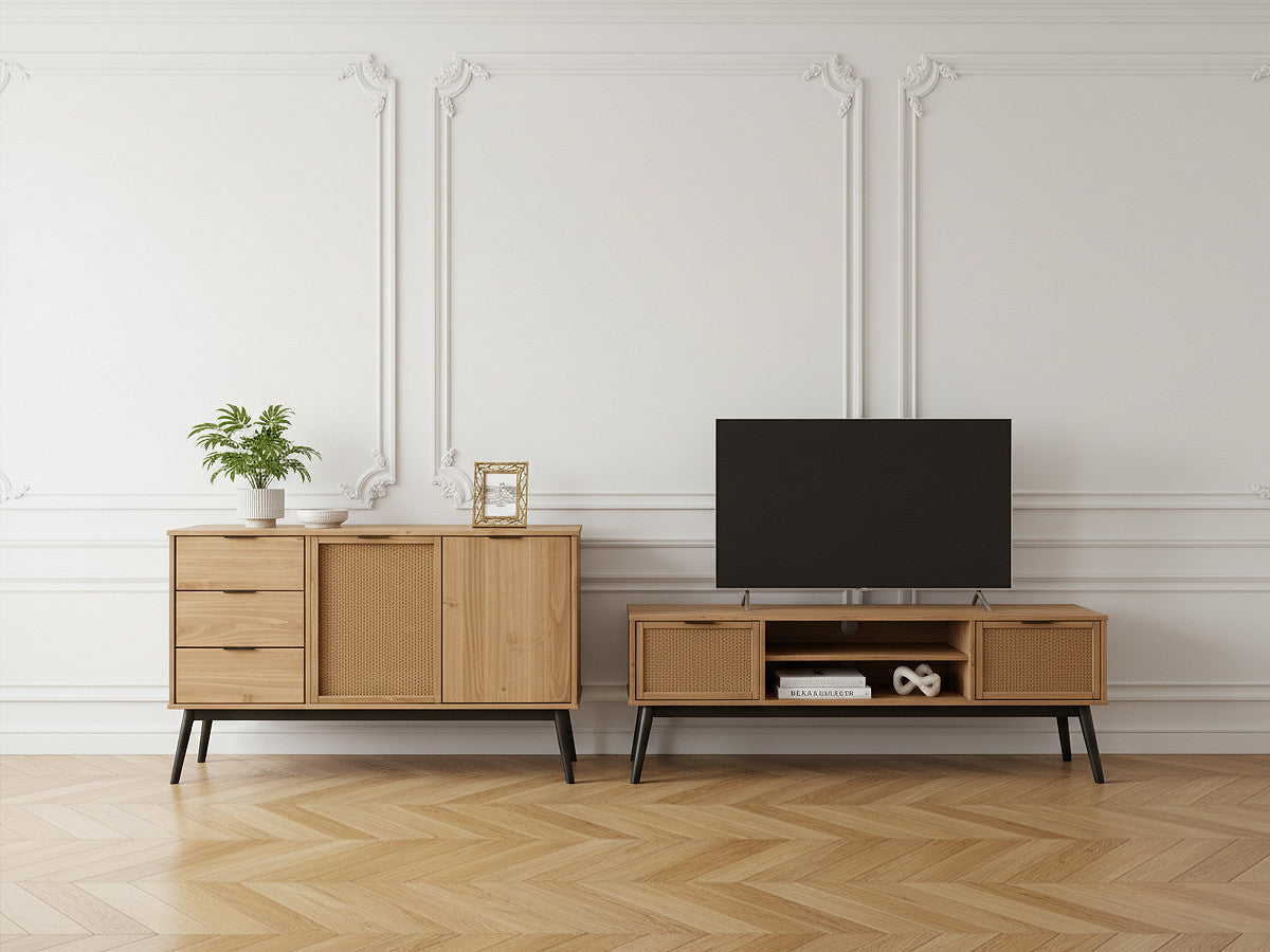 Ensemble ALBI avec buffet 130 cm + meuble TV 140 cm bois massif et rotin