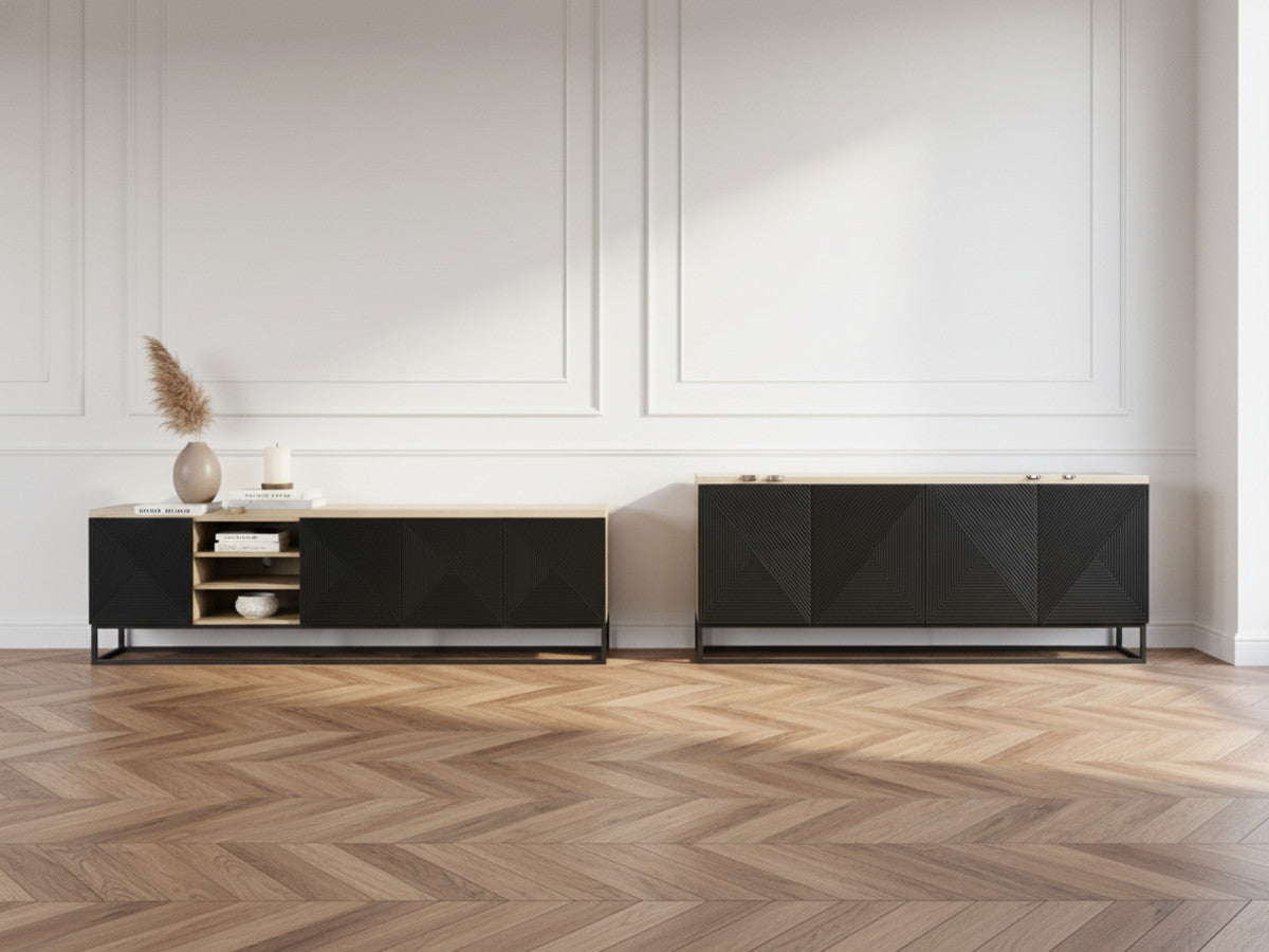 ALICE set met tv-meubel met nis van 200 cm + 4-deurs dressoir van 200 cm met metalen poten