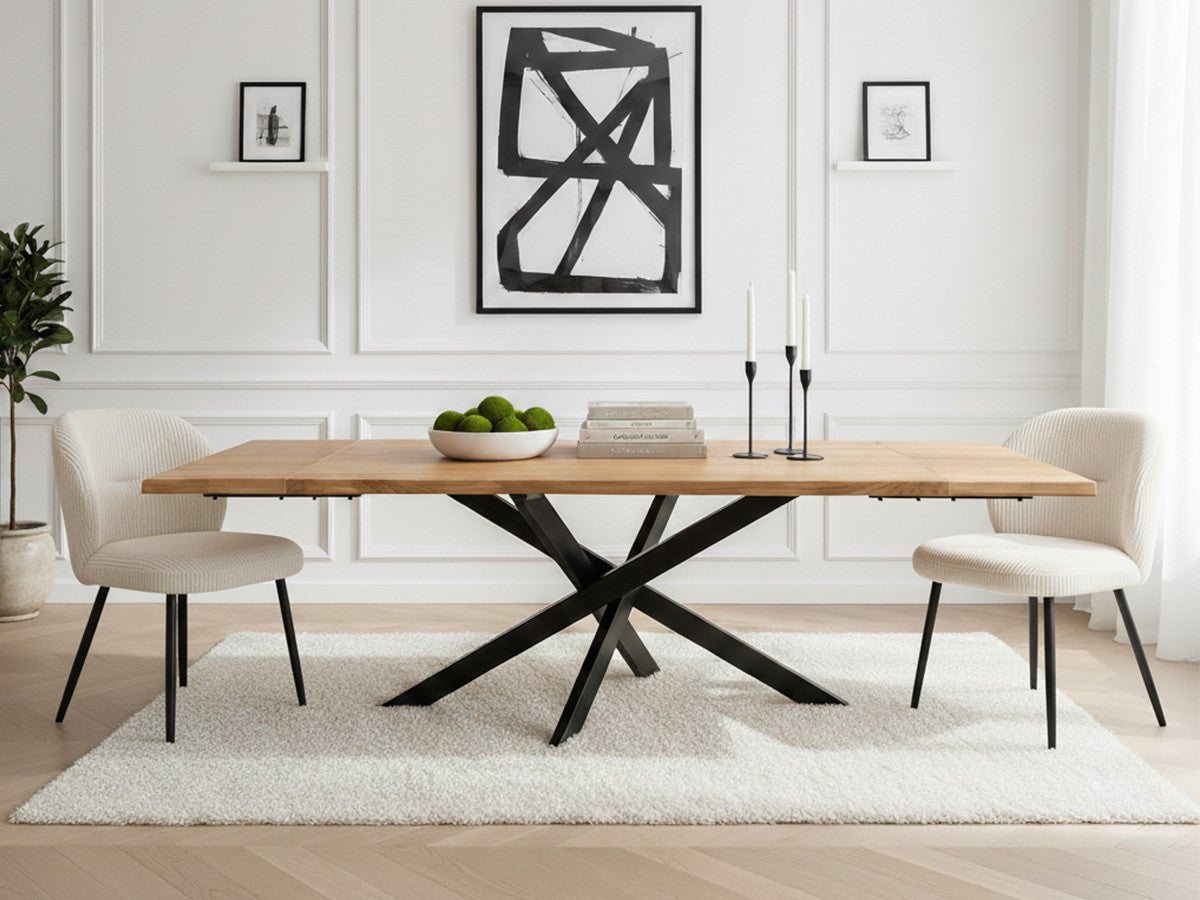 ALIZEE set met uitschuifbare eettafel van massief eikenhout + corduroy stoelen