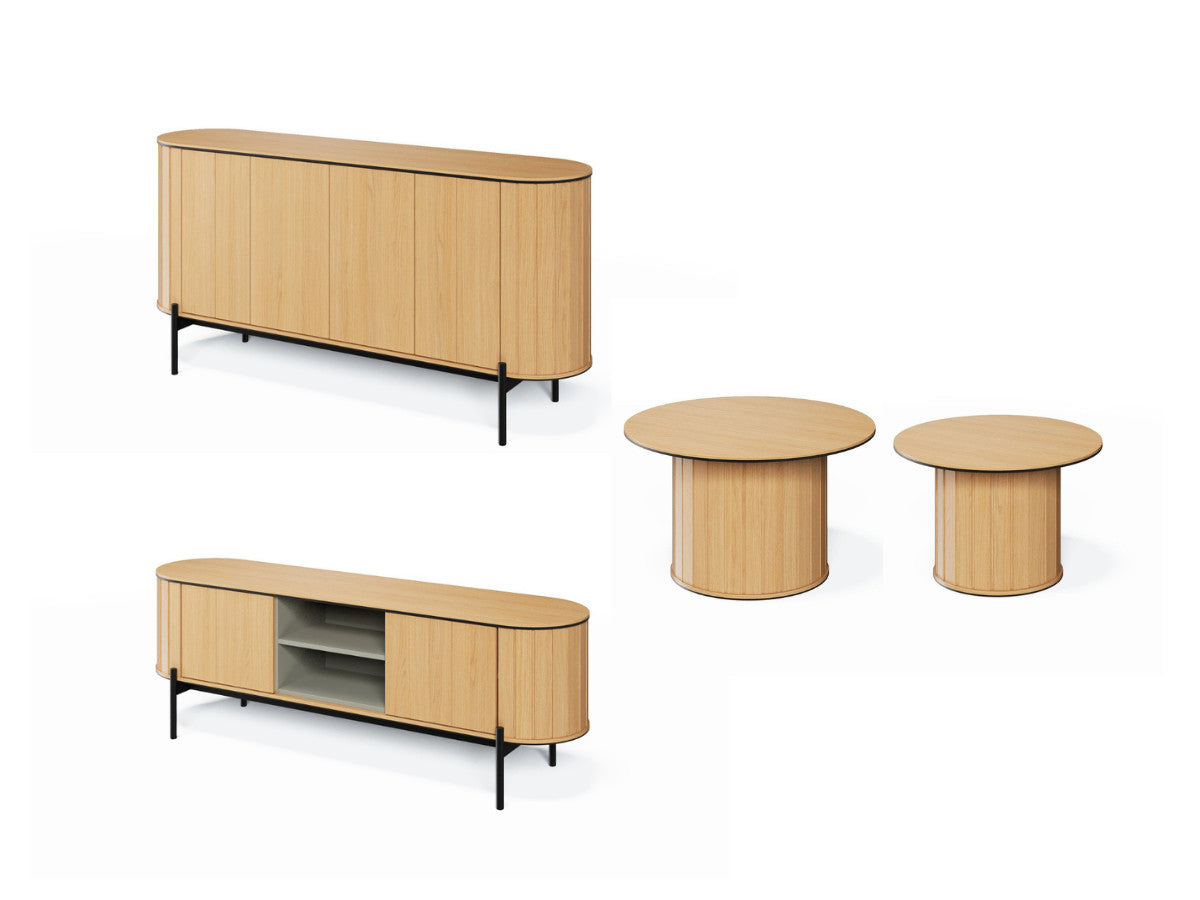 AMBOISE set met 168 cm afgerond dressoir + 168 cm tv-meubel + 2 eikenhouten salontafels