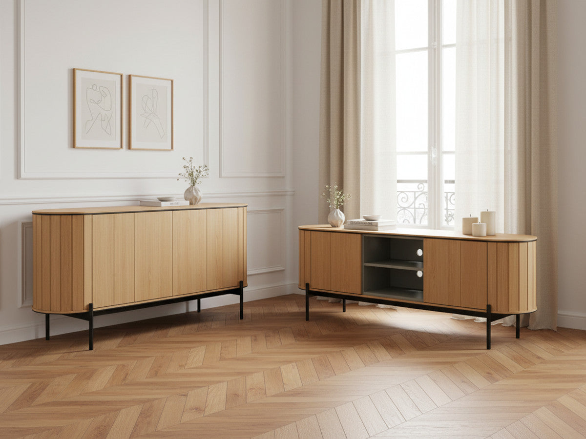 AMBOISE set met 168 cm afgerond dressoir + 168 cm eikenhouten tv-kast