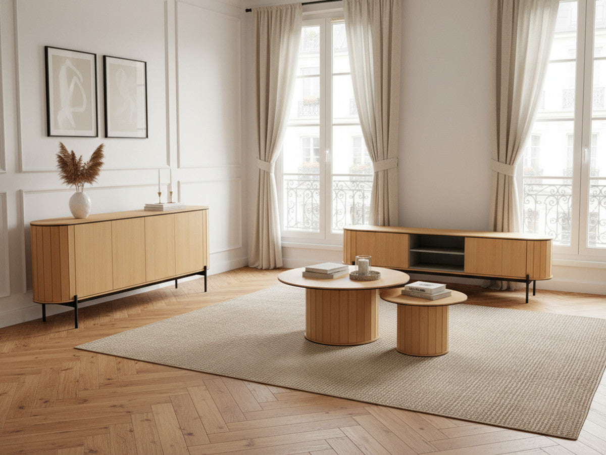 Ensemble AMBOISE avec buffet arrondi 200 cm + meuble TV 200 cm + 2 tables basses couleur chêne