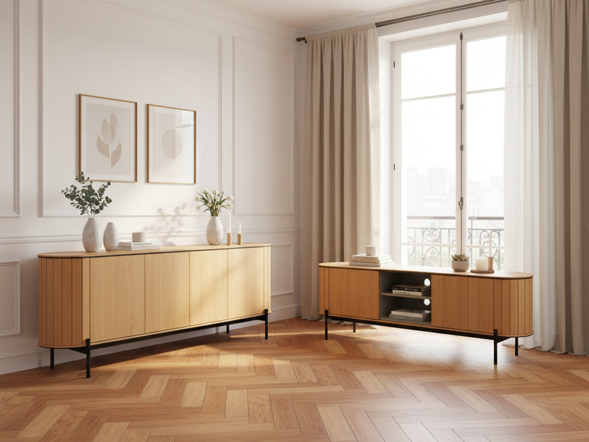 AMBOISE set met 200 cm afgerond dressoir + 200 cm eikenhouten tv-kast