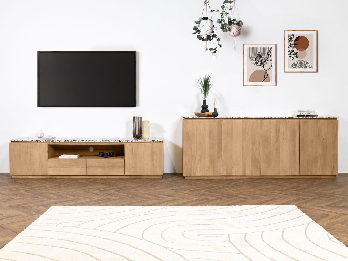 Ensemble BARBARA avec buffet 200 cm + meuble TV 200 cm bois massif de manguier et terrazzo