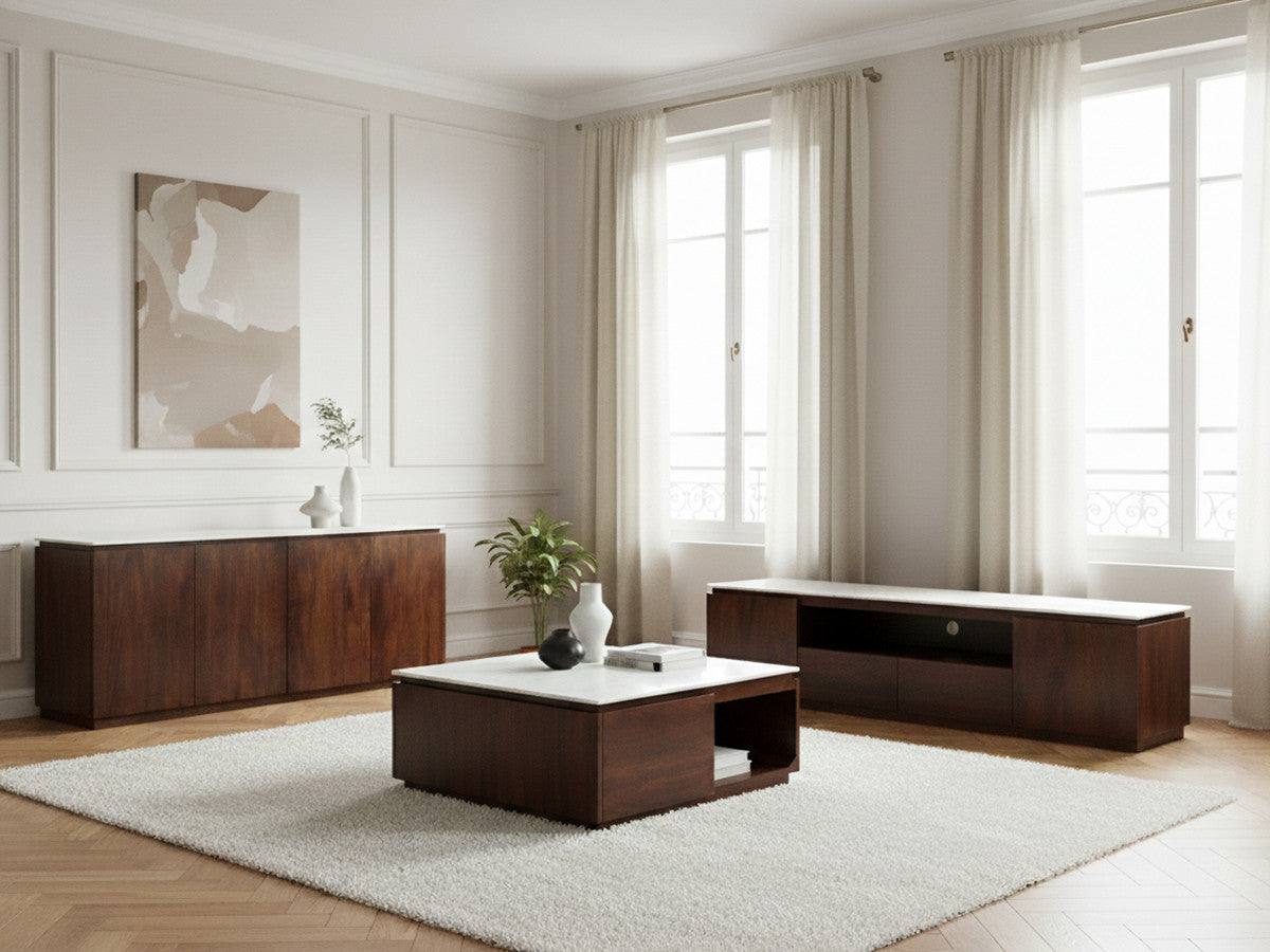 BARBARA set bestaande uit een dressoir van 200 cm, een tv-meubel van 200 cm en een salontafel van massief mangohout en marmer.