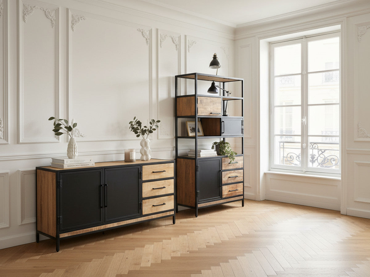 BEAUBOURG Set met 160 cm dressoir + mangohouten boekenkast