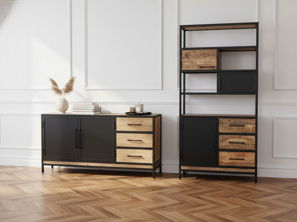 BEAUBOURG Set met 160 cm dressoir + mangohouten boekenkast