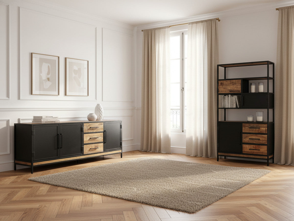 Ensemble BEAUBOURG avec Buffet 200 cm + Bibliothèque Bois de manguier