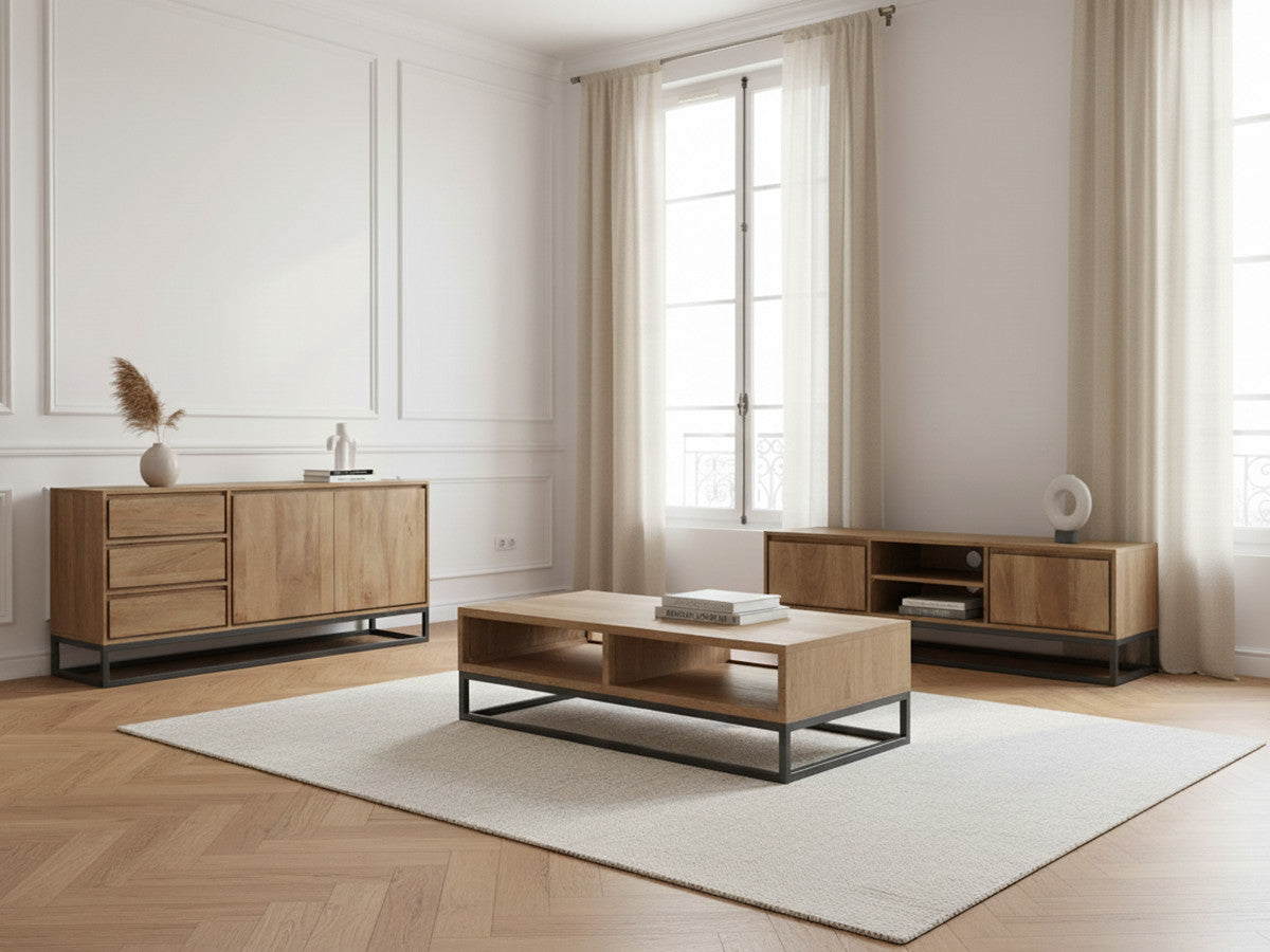 BERGERAC set met dressoir van 150 cm + tv-meubel van 140 cm + salontafel van massief mangohout